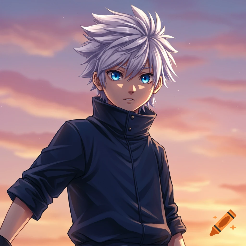 Anime boy with white hair and blue eyes in a black jacket against a sunset sky.