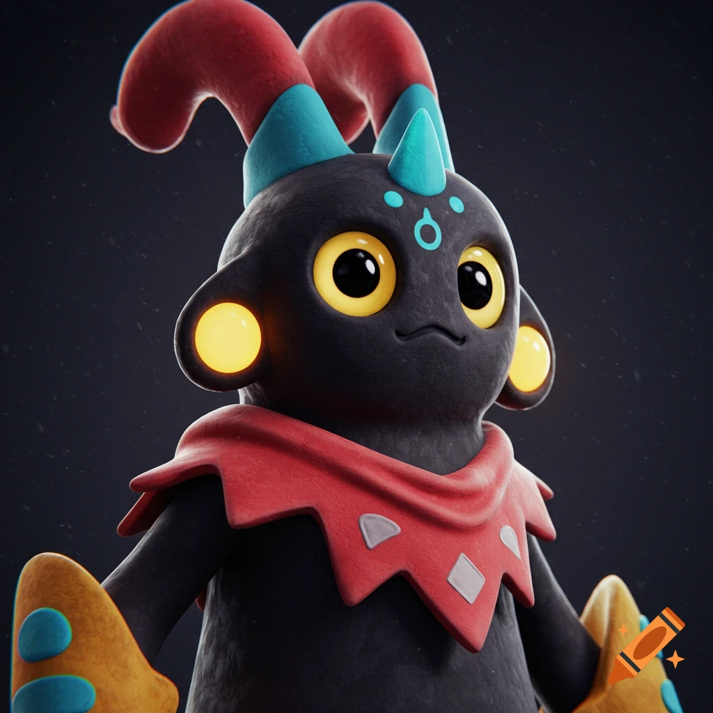 A cute dark creature with red horns and yellow eyes