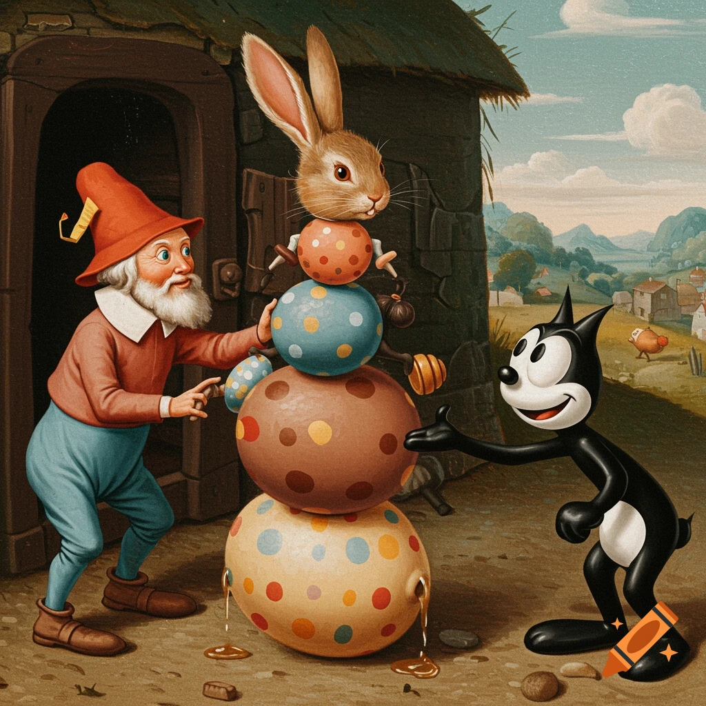 A gnome and Felix the Cat interact with a stack of large polka-dotted spheres topped by a rabbit head in a painted style.