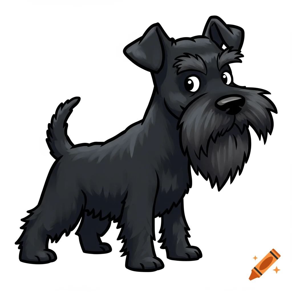 A cartoon illustration of a black mini schnauzer.