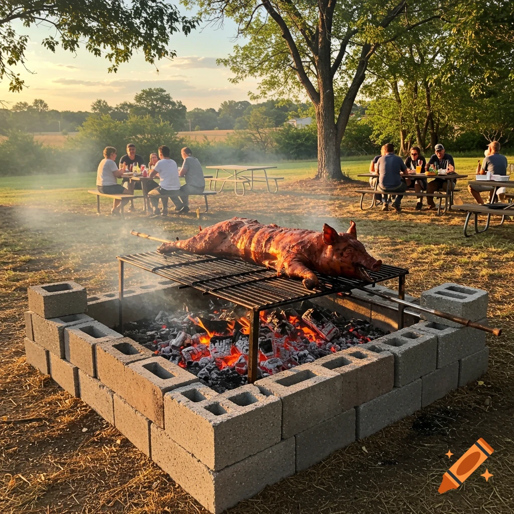 A whole roasted pig on a grill over a cinder block fire pit with people eating at picnic tables in the background at sunset.