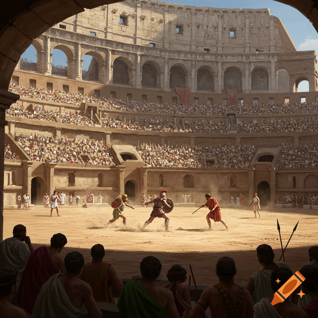 Gladiators fighting in the Colosseum packed with spectators, viewed from the audience.