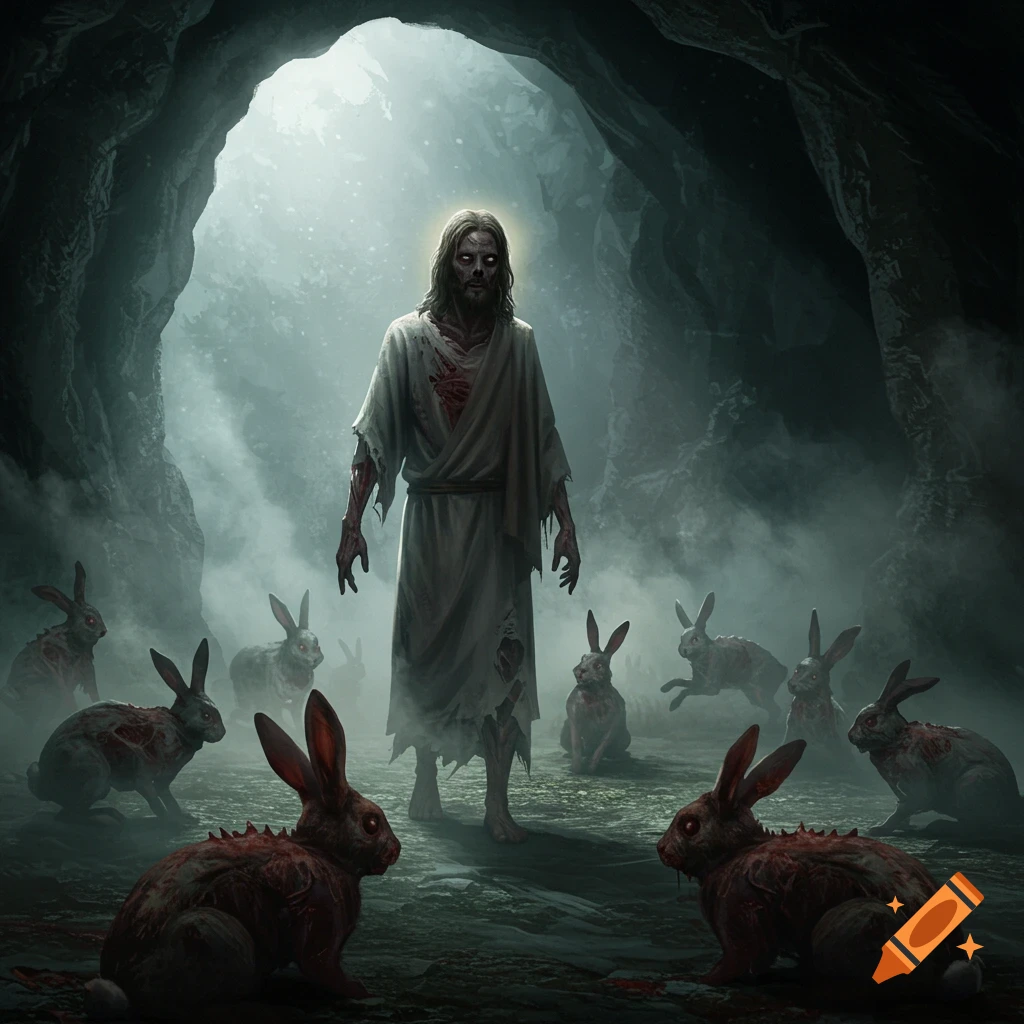 A zombie-like Jesus figure standing in a cave surrounded by zombie rabbits.