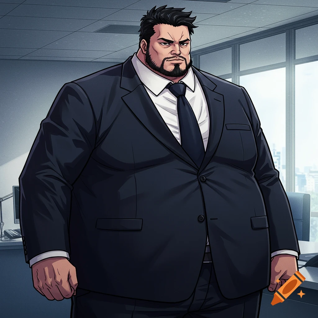 Anime drawing of a large man in a suit standing in an office.