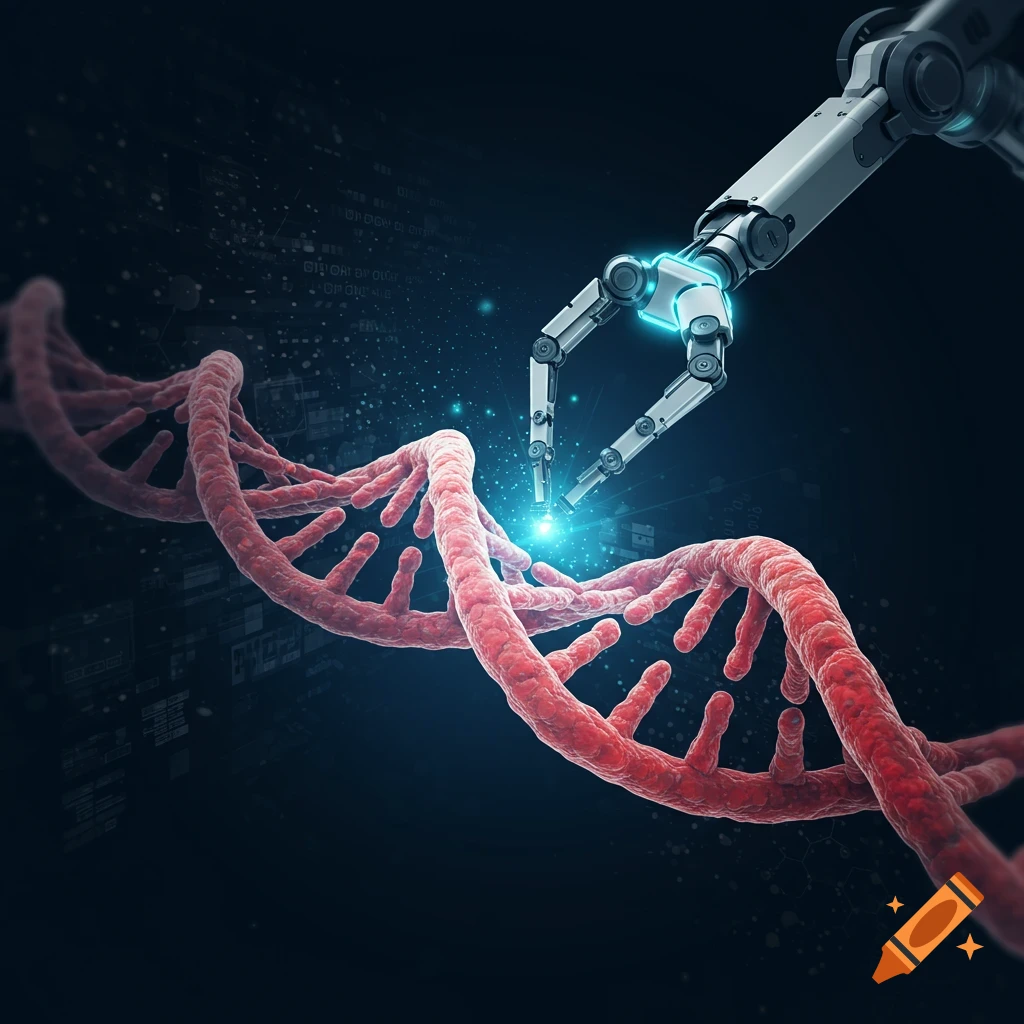 A robotic arm manipulates a DNA double helix against a dark, digital background.