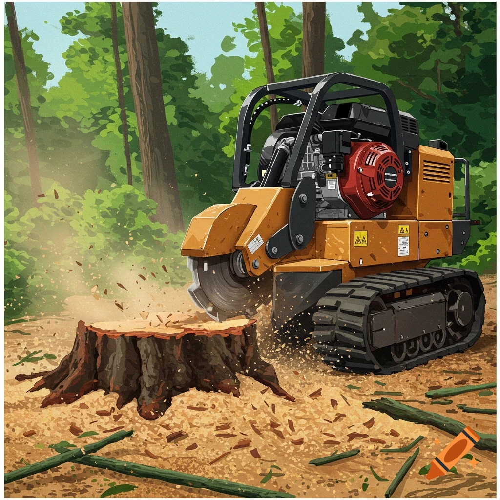 A tracked stump grinder is cutting a tree stump in a forest.