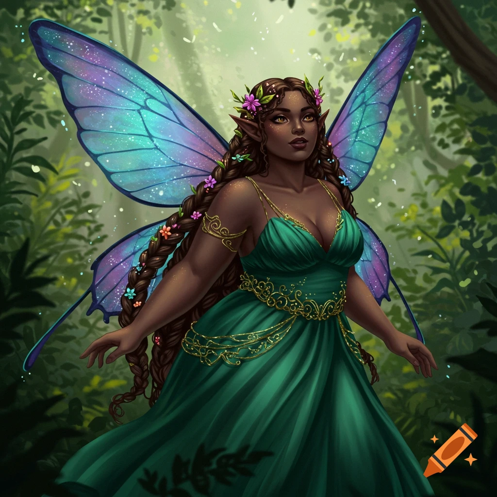 A fairy with braided hair, large wings, and a green dress is in a forest.