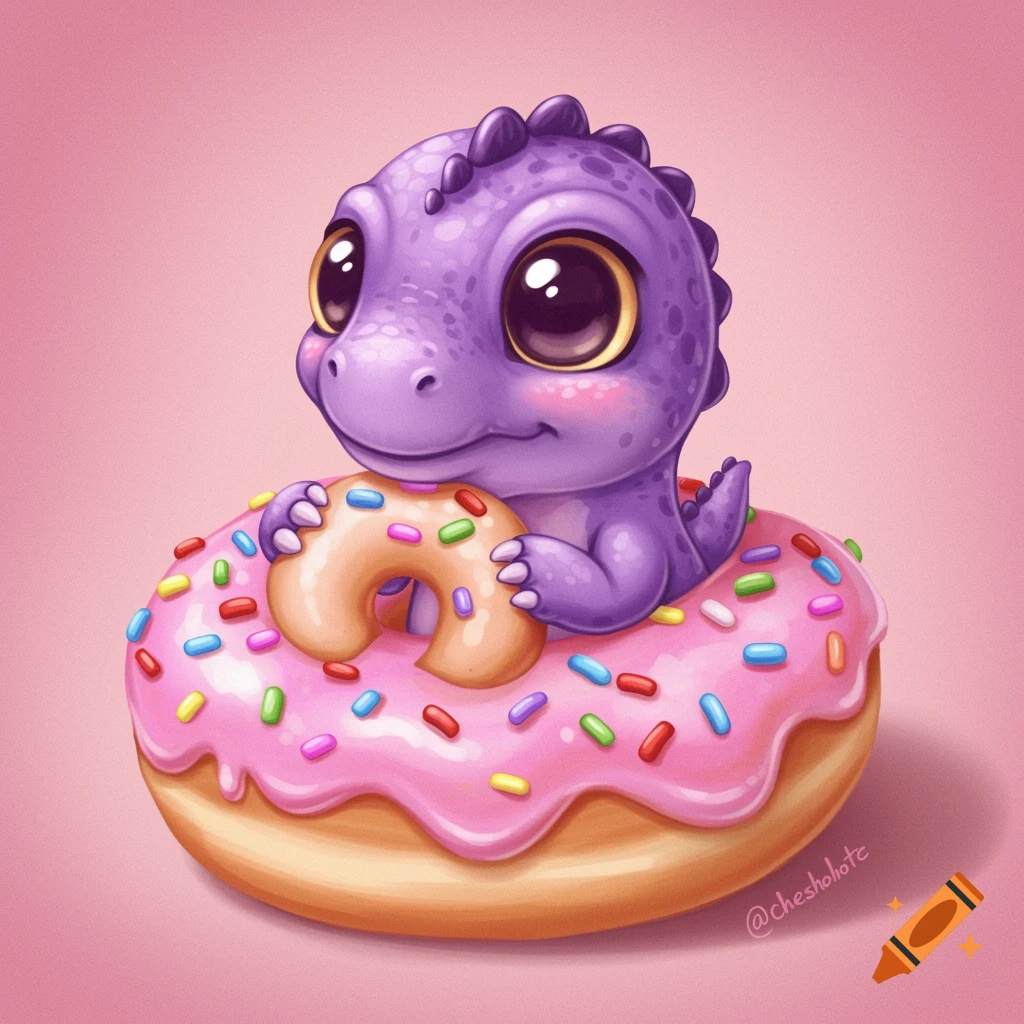 A cute purple baby dinosaur sitting in a large pink donut, holding a smaller donut.