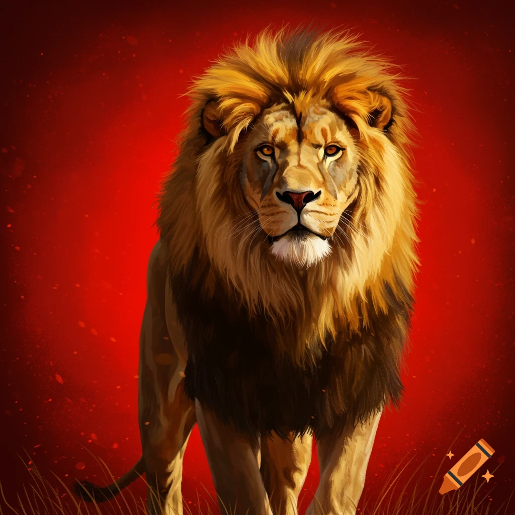 A lion against a red background.