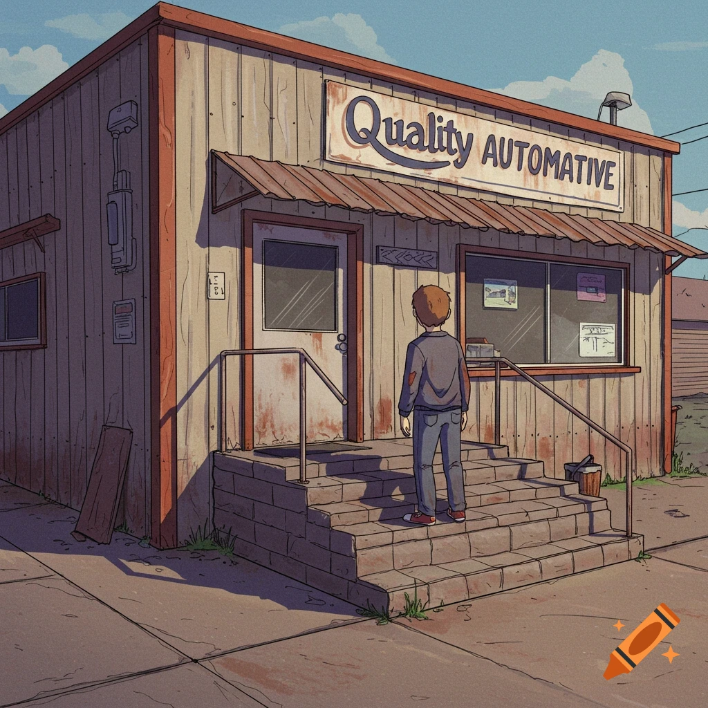 Drawing of a young man facing the steps of a shabby automotive repair shop