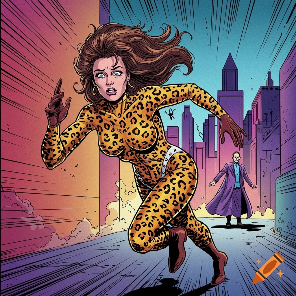 Comic book art of a woman in a leopard suit running from a man in a purple coat in a city.