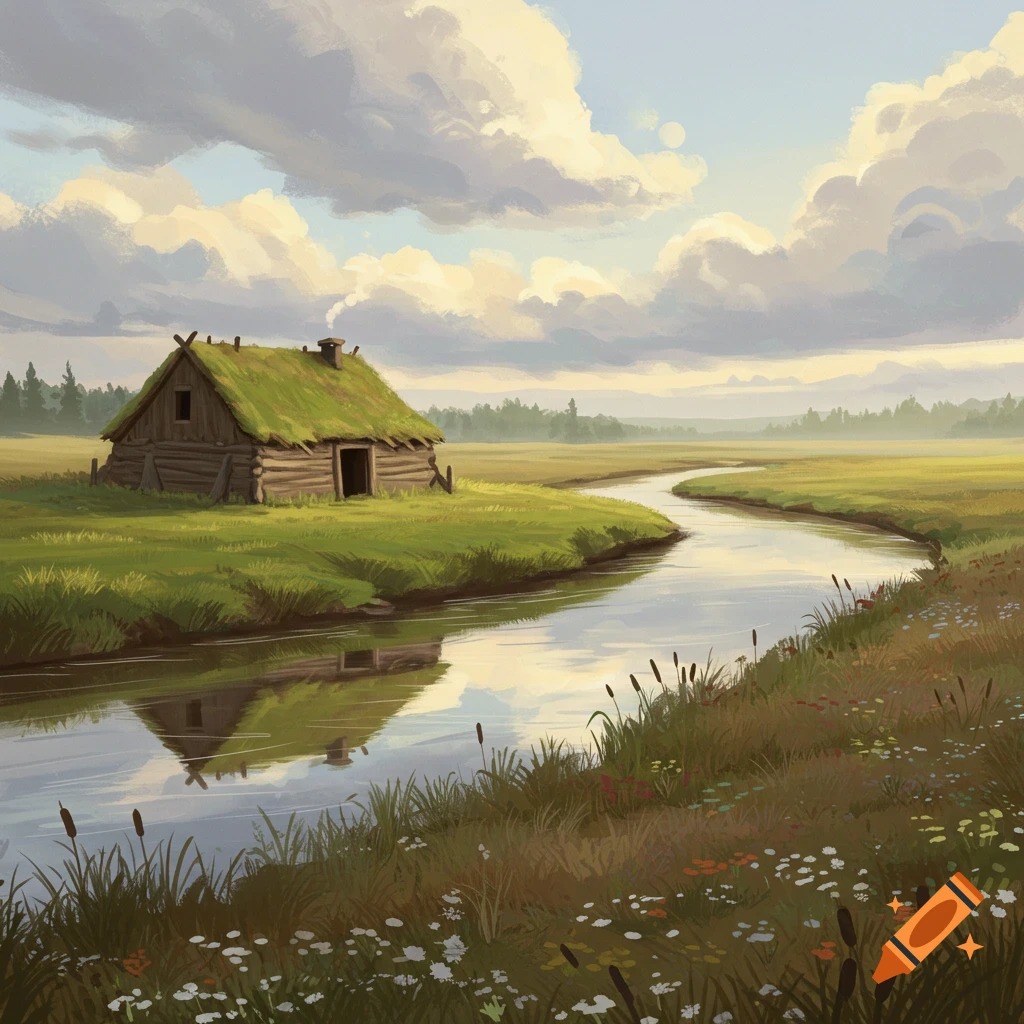 A sod-roofed cabin sits by a winding river in a grassy field under a cloudy sky.