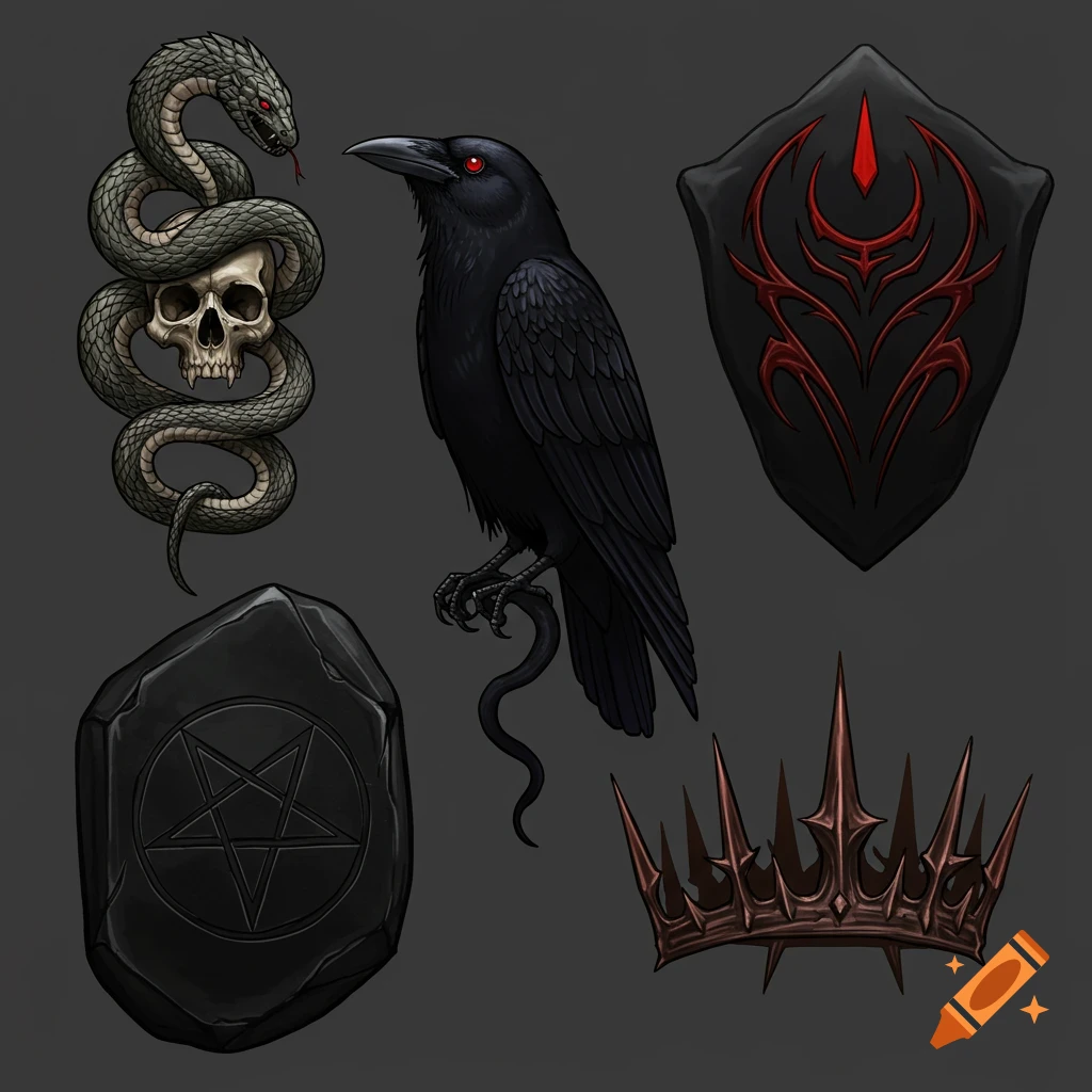 Dark symbols including a snake on a skull, a raven, a shield, a pentagram stone, and a spiky crown.