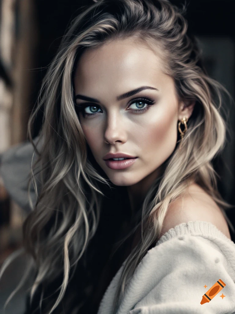 Close-up photorealistic portrait of a woman with blonde hair and blue eyes wearing an off-the-shoulder top.
