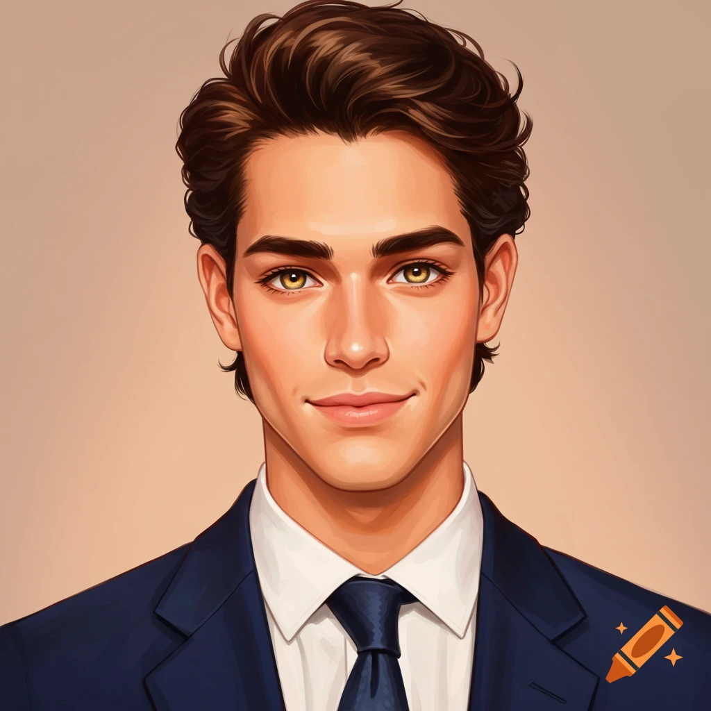 A portrait of a handsome young man in a navy suit.