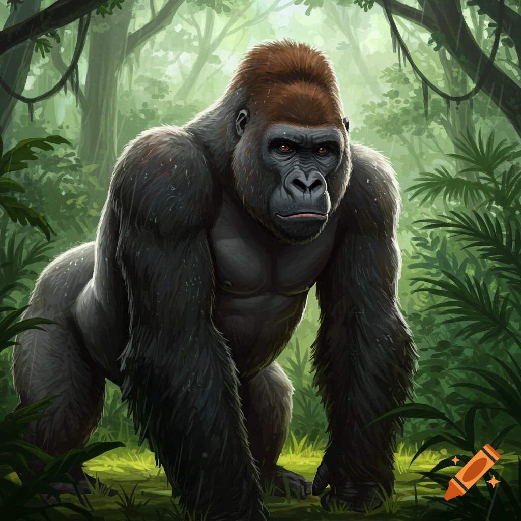A gorilla in a jungle.