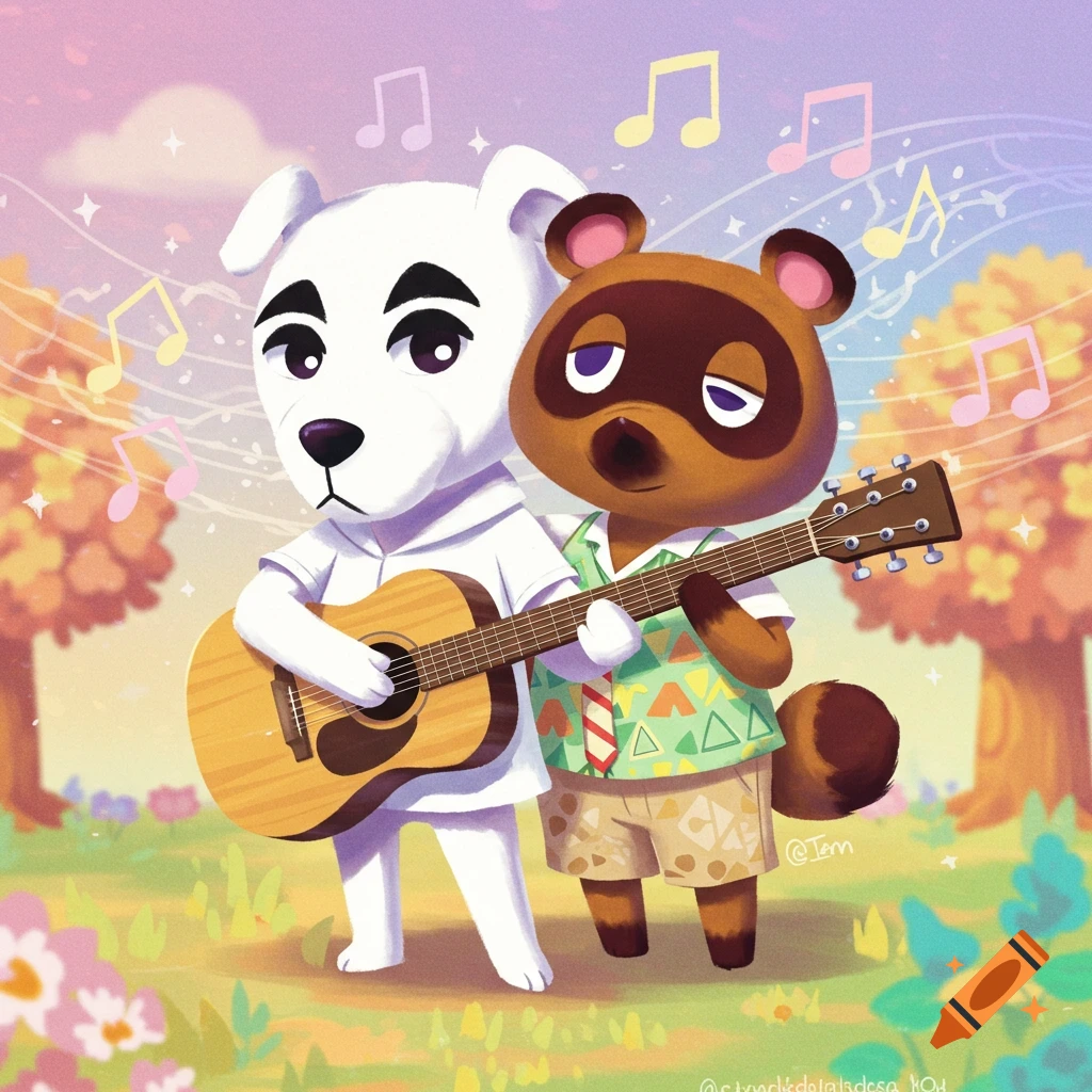 Cartoon of KK Slider and Tom Nook playing a guitar together in a field with music notes.