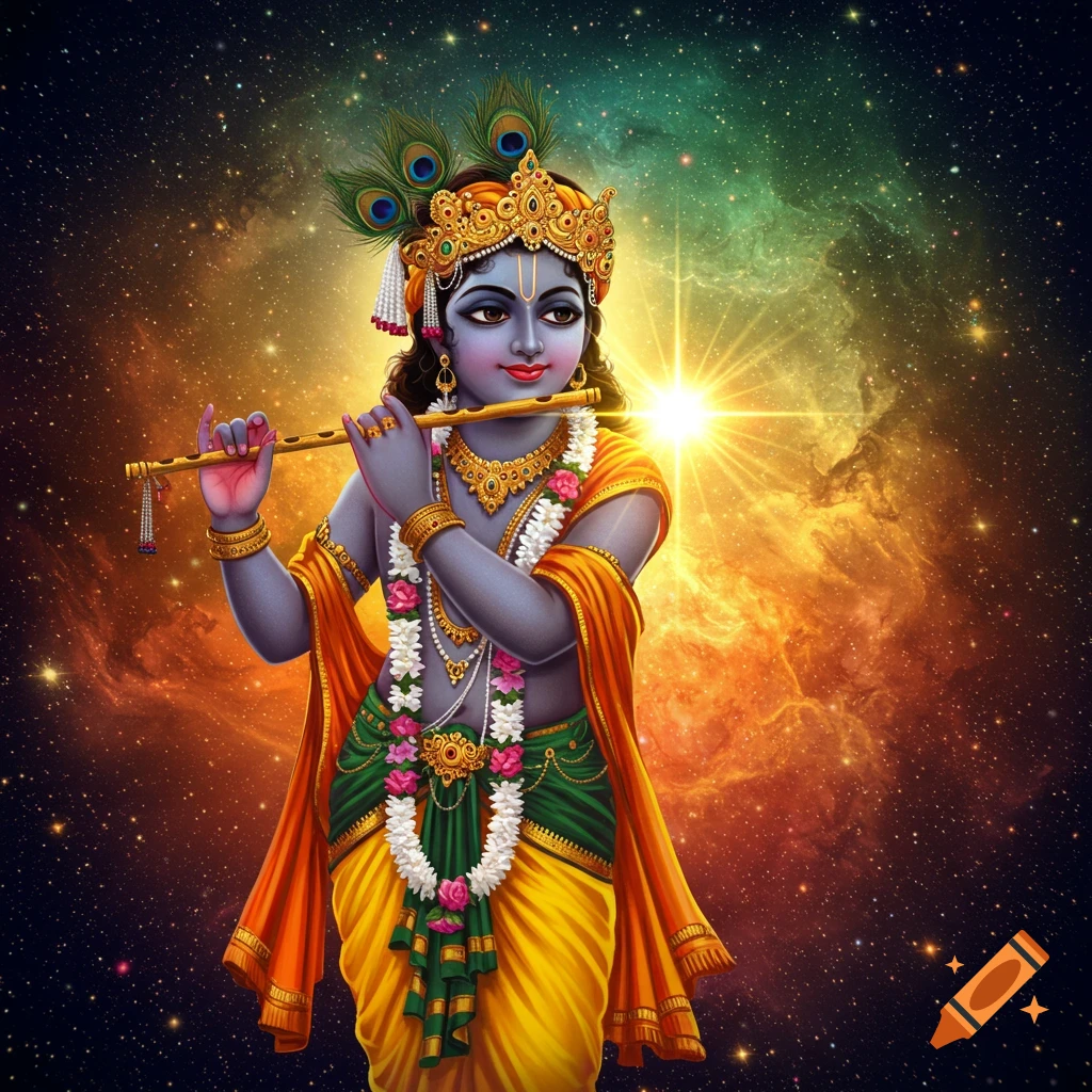 Krishna playing the flute in front of a star and nebula