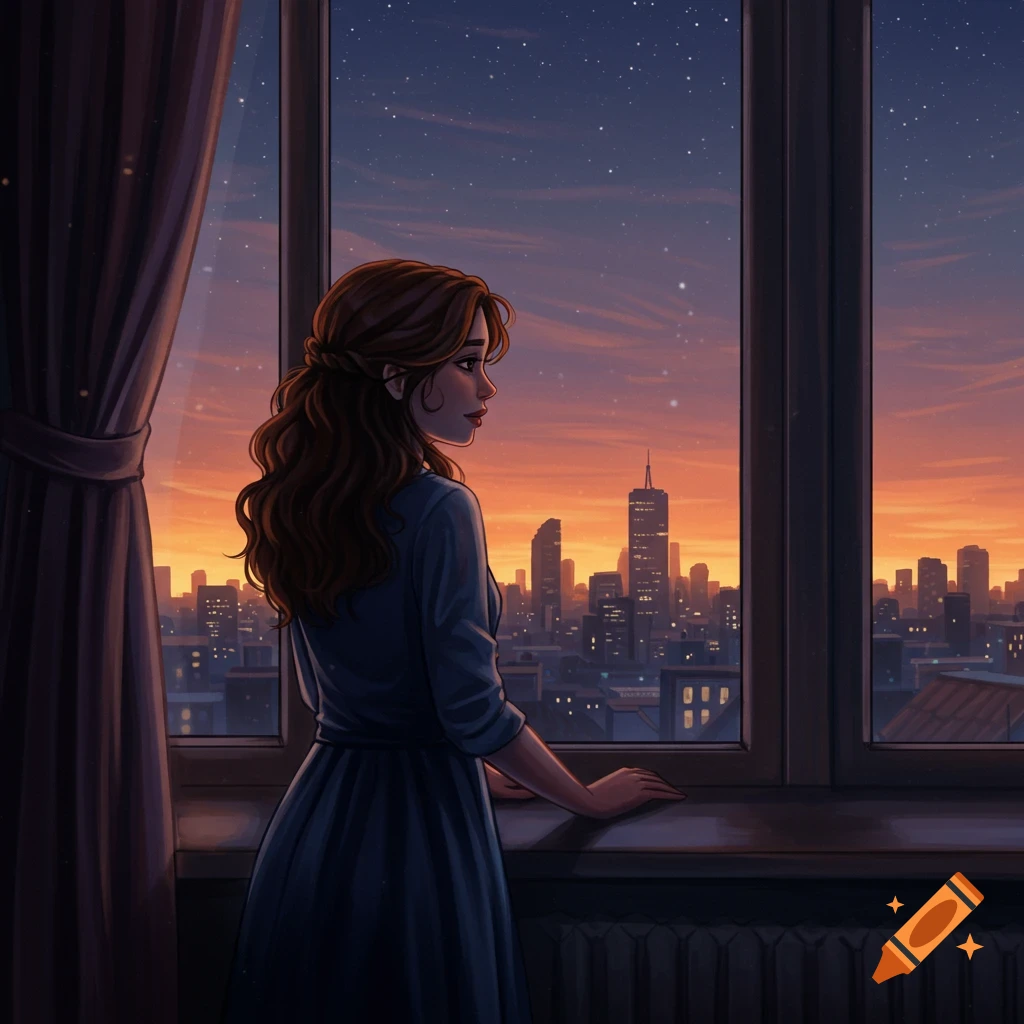 A woman looking out a window at a city skyline at sunset under a starry sky
