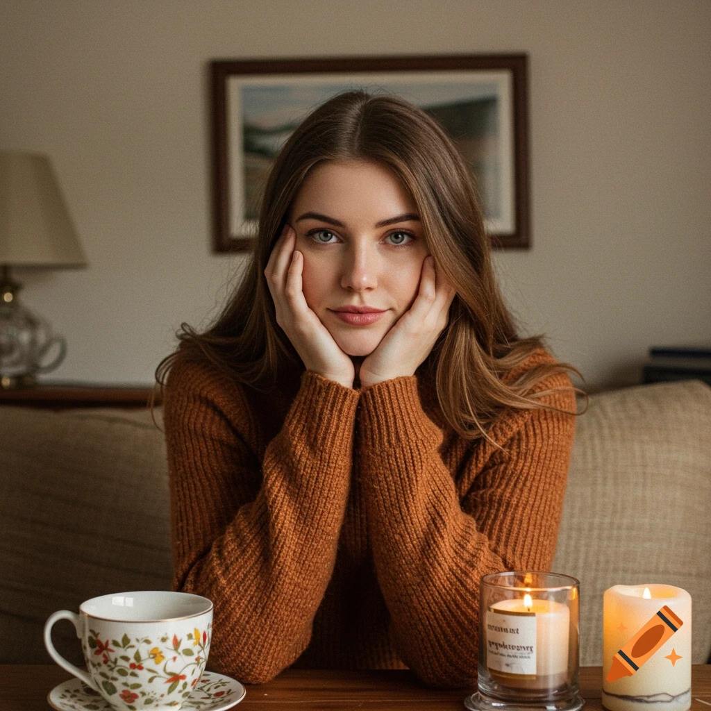 A woman sits at a table with tea and candles, holding her face.