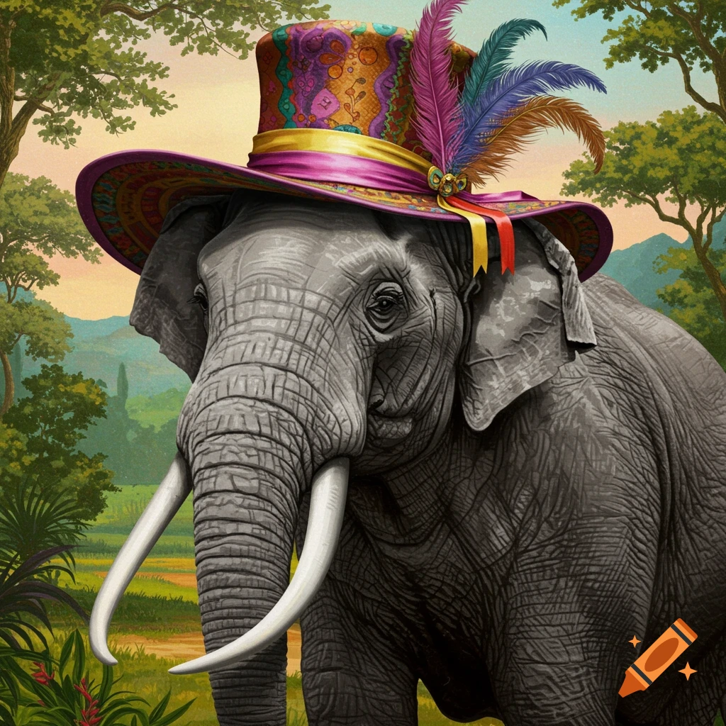 An elephant wearing a colorful top hat with feathers in a forest.