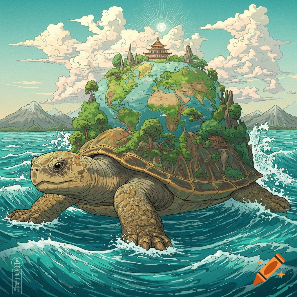 Illustration of a giant world turtle swimming in the ocean with landmasses and a pagoda on its shell