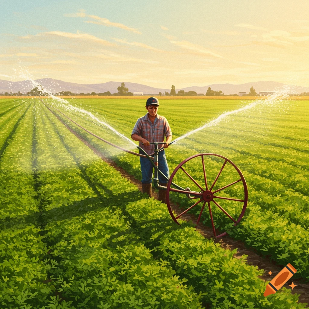 A young farmer waters a lush field with a vintage irrigation system at sunset.