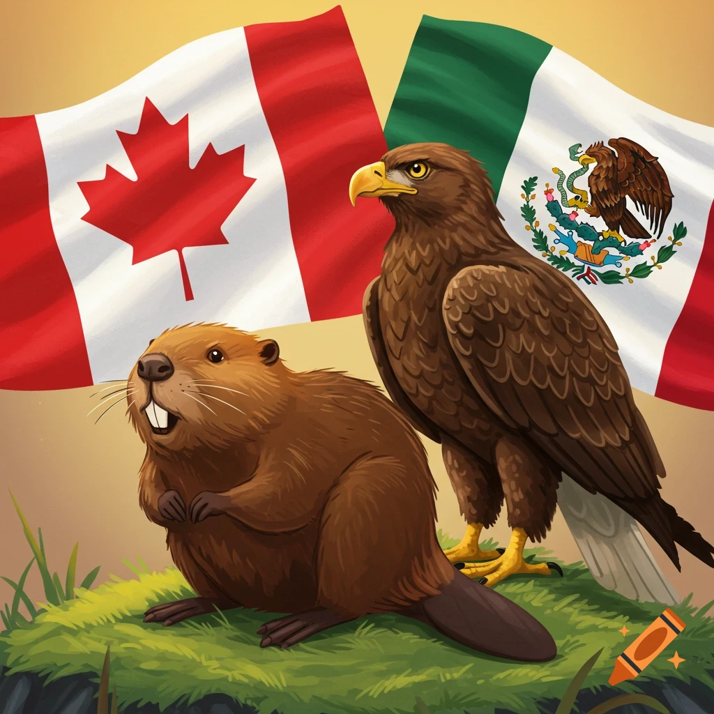 Image of a beaver and an eagle with Canadian and Mexican flags.