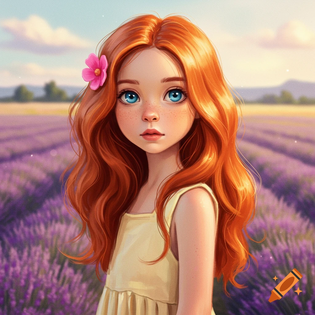 A young girl with red hair and freckles, looking forward, with a pink flower in her hair, standing in a field of purple lavender.