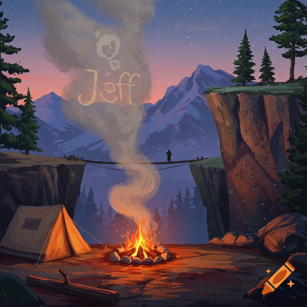 A campfire scene at dusk with a tent, a bridge over a chasm, mountains, and the name 'Jeff' in the smoke.