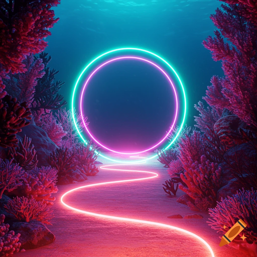 An underwater scene with glowing coral, a neon path, and a circular neon portal.