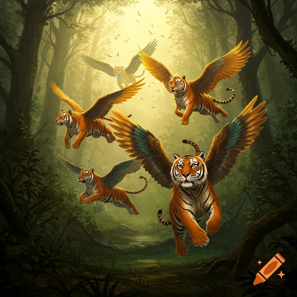 Several winged tigers flying through a sunlit forest.