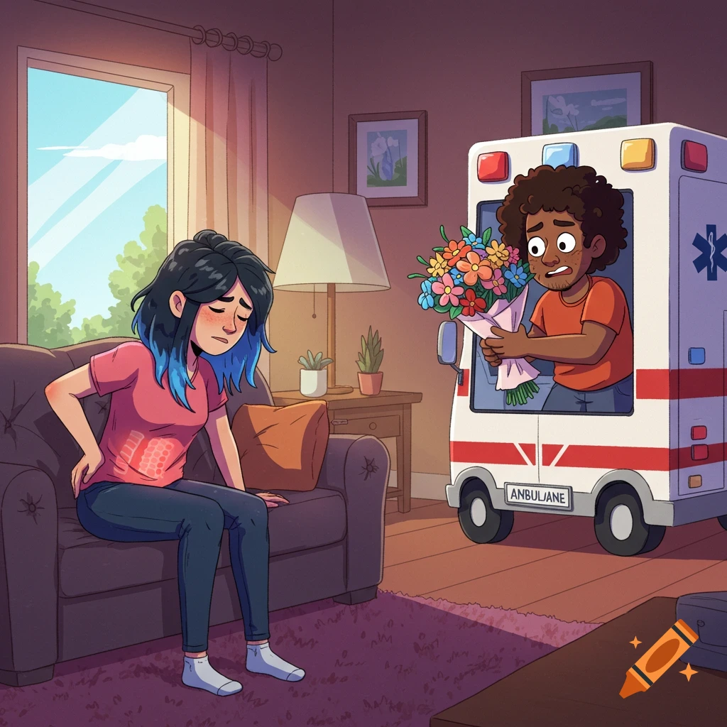 Cartoon of a man in an ambulance bringing flowers to a woman in pain on a couch.