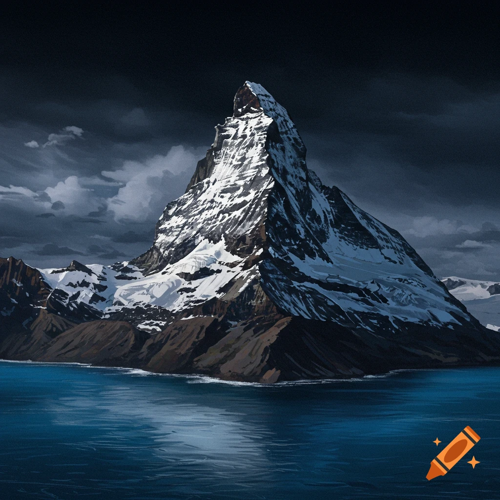 A large snow-capped mountain rising from dark water under a cloudy sky.