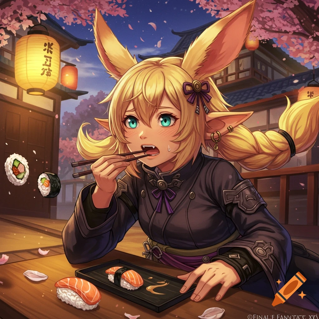 Anime character with animal ears eats sushi under cherry blossoms at night