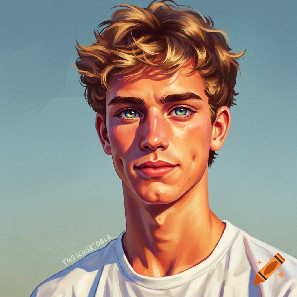 Portrait of a young man with floppy brown hair and blue eyes