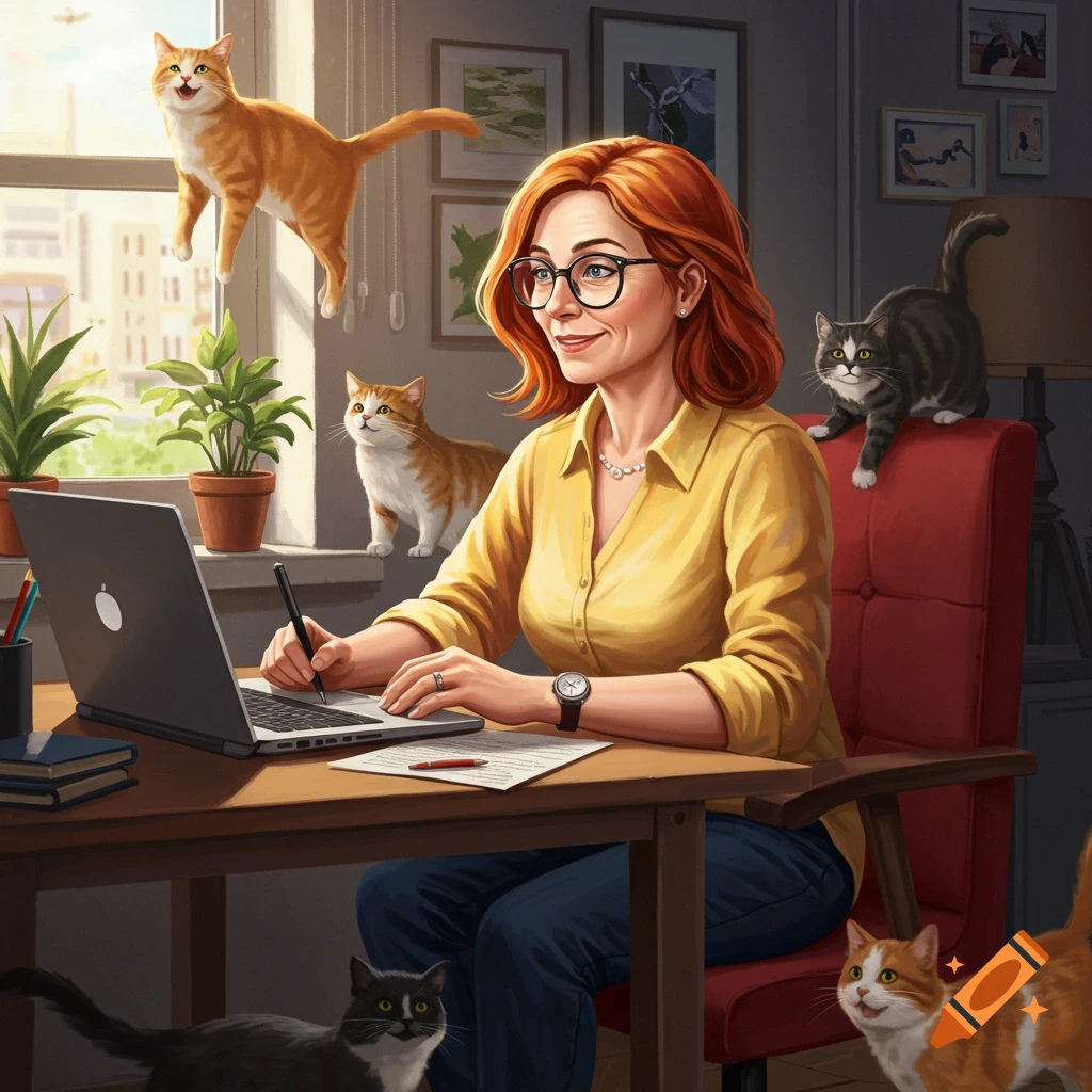 A woman with red hair and glasses working at a desk with a laptop, surrounded by cats.