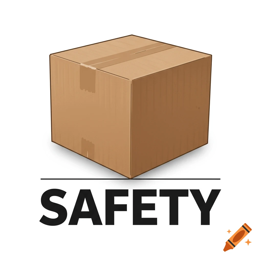 A digital illustration of a brown cardboard box above the word SAFETY with a line between them.