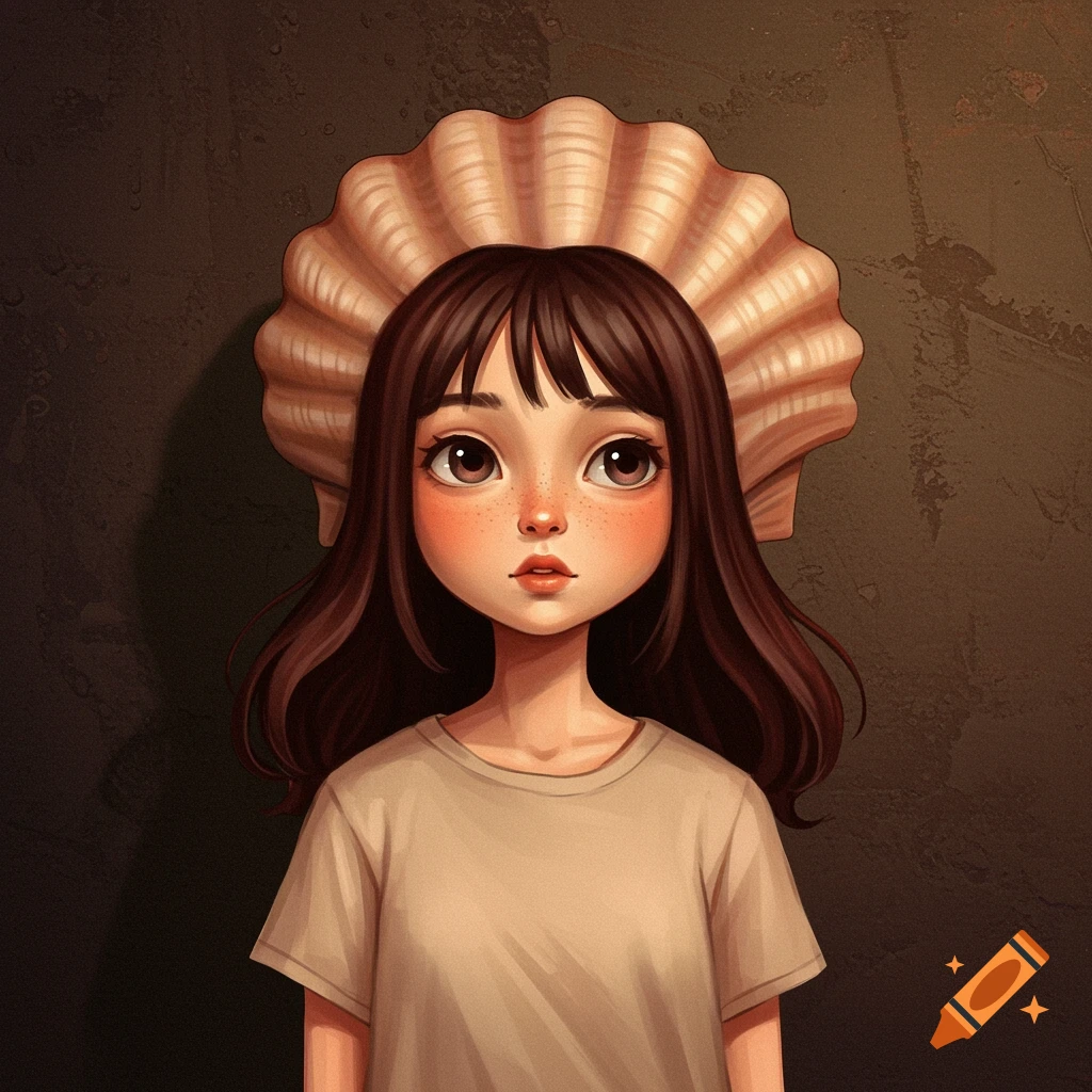 A stylized young girl with dark hair, freckles, and a large seashell behind her head.