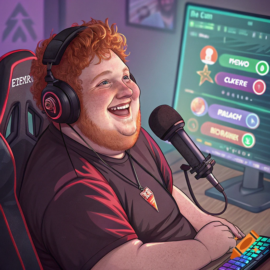 Illustration of a laughing red-haired man streaming with headphones and a microphone, sitting in a gaming chair.
