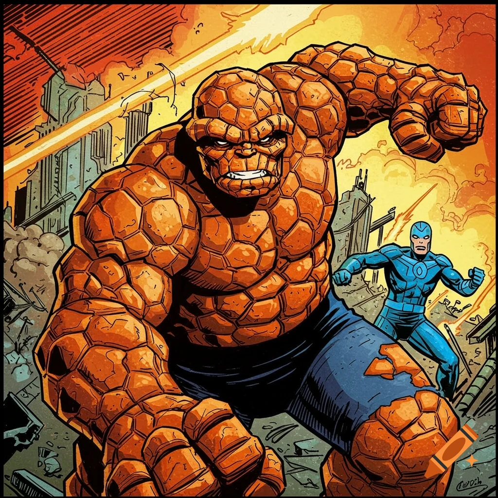The Thing from Marvel Comics in a dynamic pose in a destroyed city, with a blue superhero behind him, in a comic book art style.