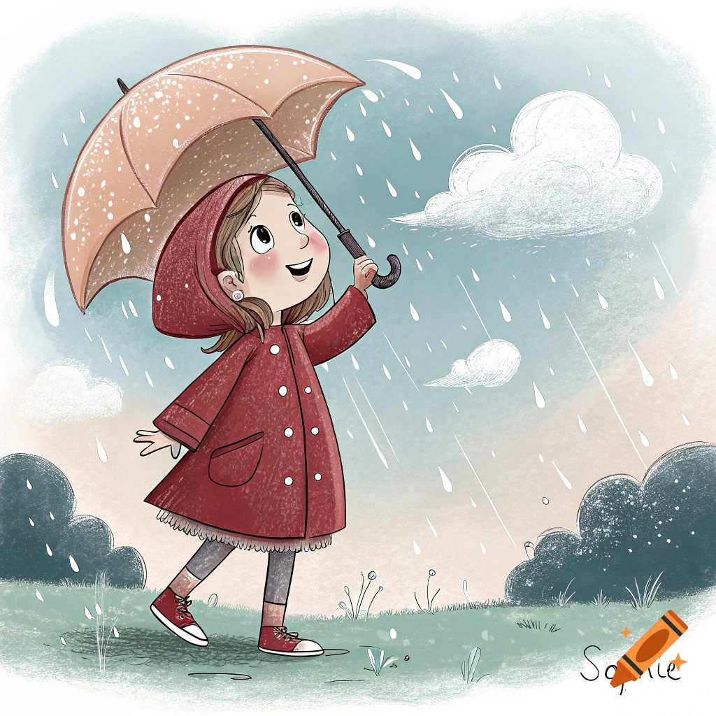 Illustration of a girl in a red raincoat holding an umbrella in the rain.
