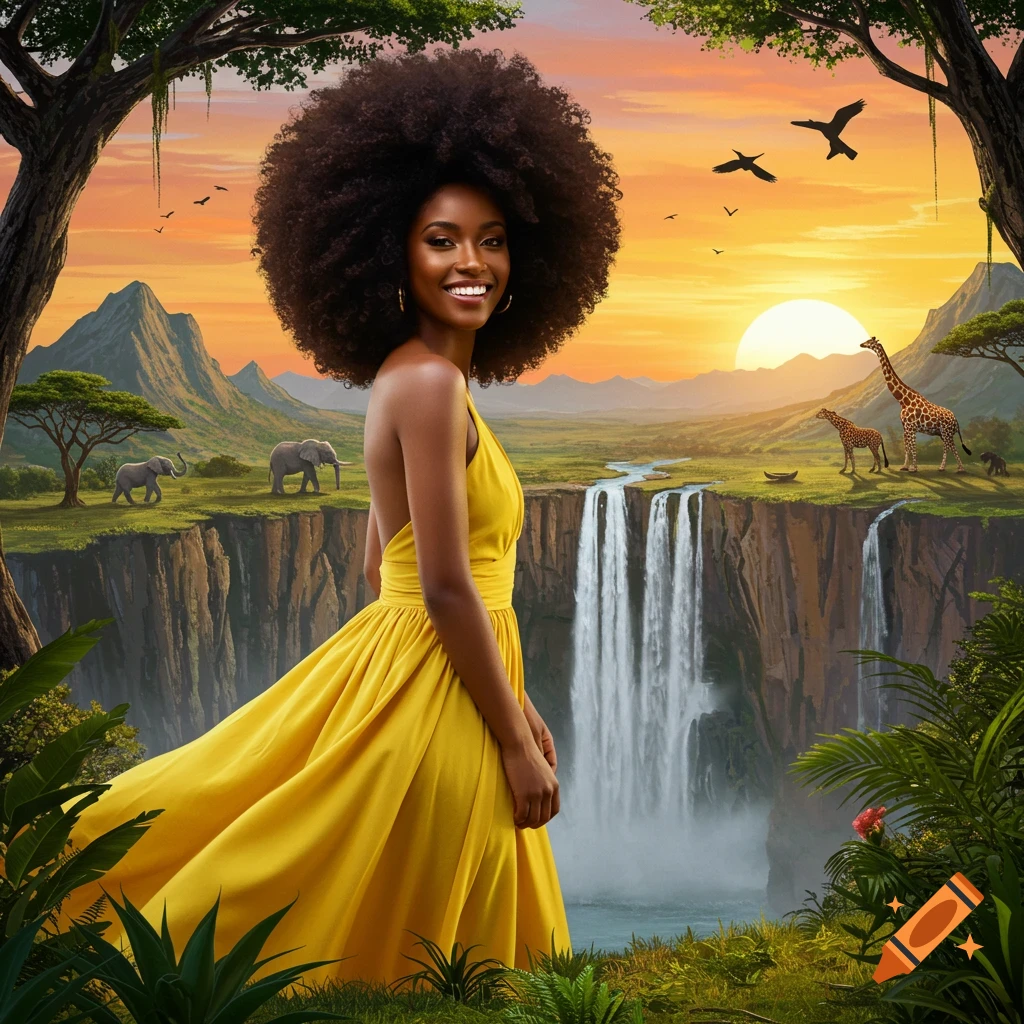 A woman in a yellow dress with a large afro stands before waterfalls, elephants, giraffes, and a sunset in an African savanna.