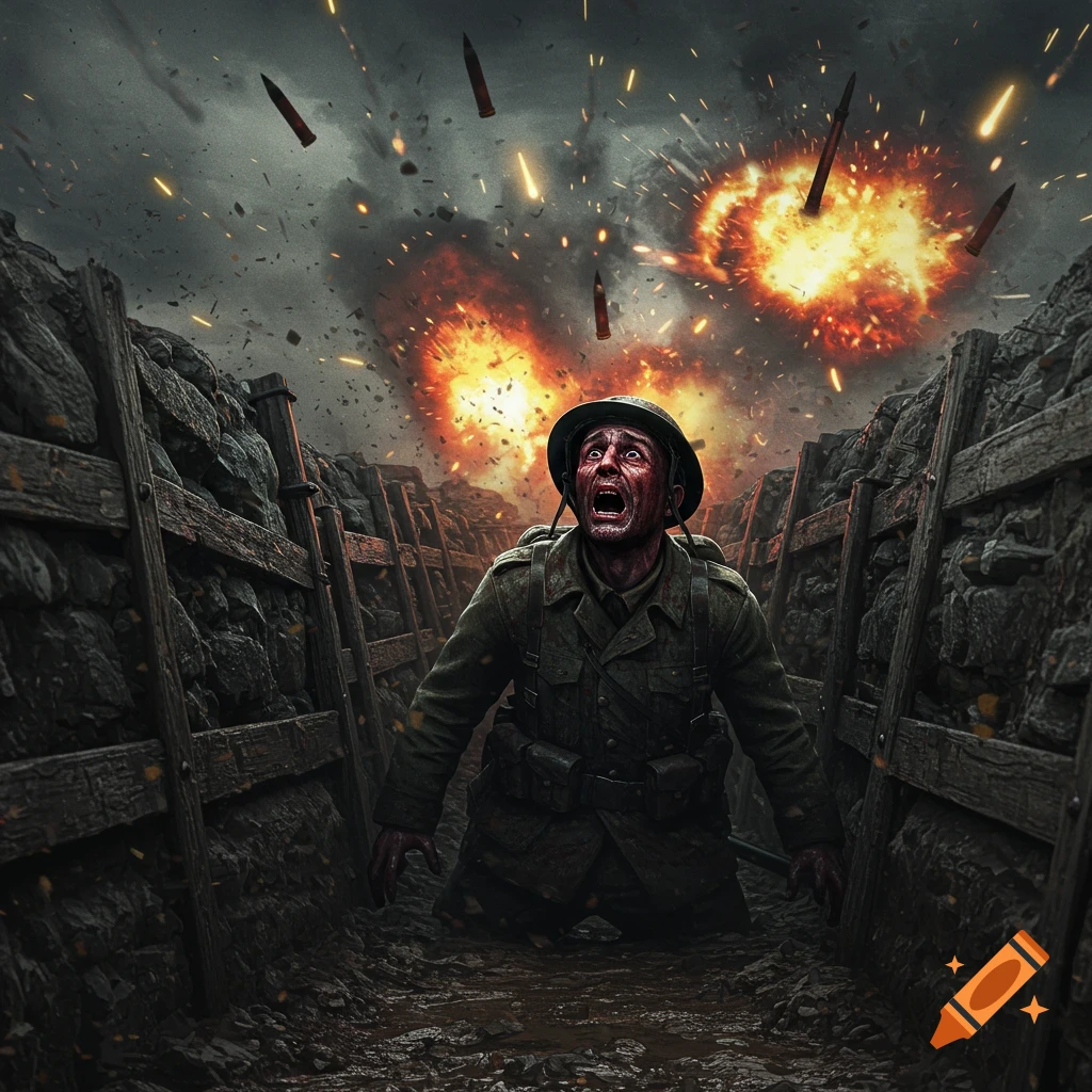 A soldier screams in a trench during shelling.