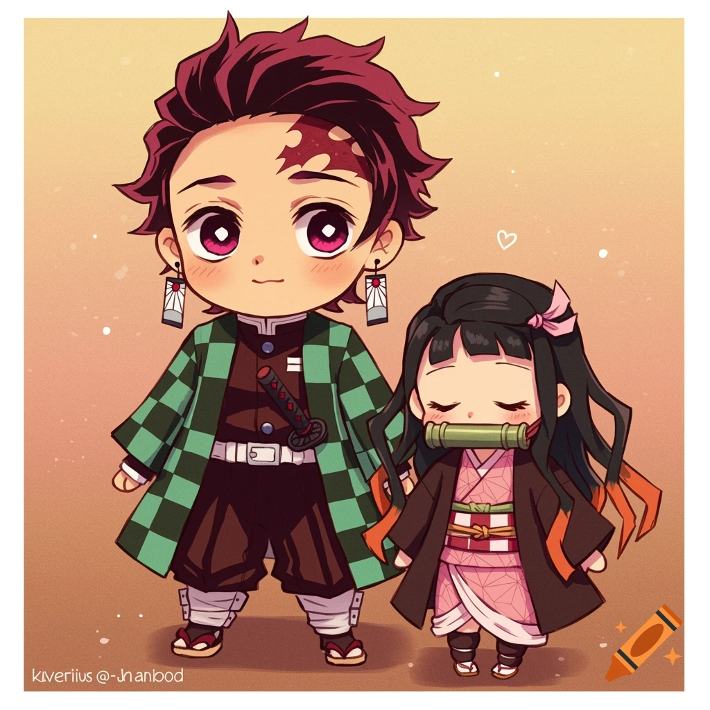 Chibi style anime illustration of Tanjiro and Nezuko from Demon Slayer standing side-by-side.