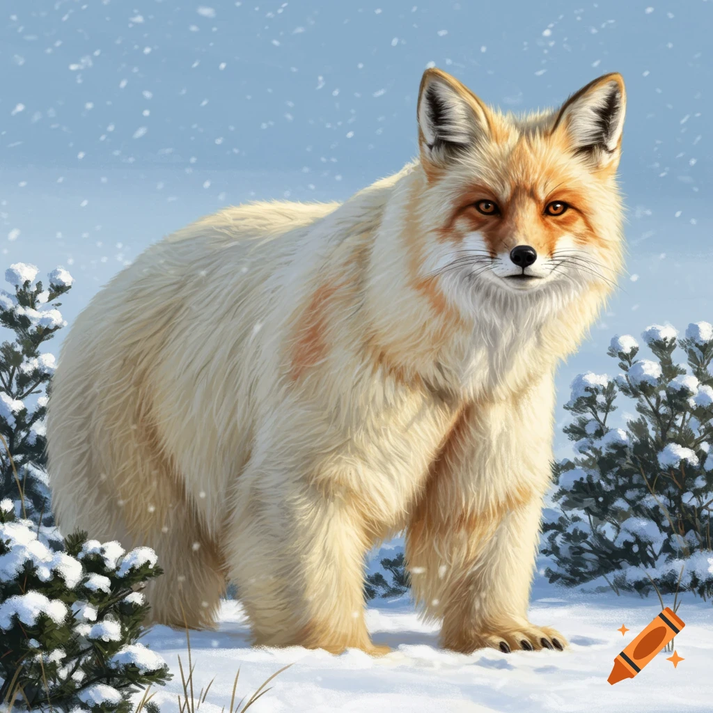 A fox-bear hybrid standing in a snowy landscape.