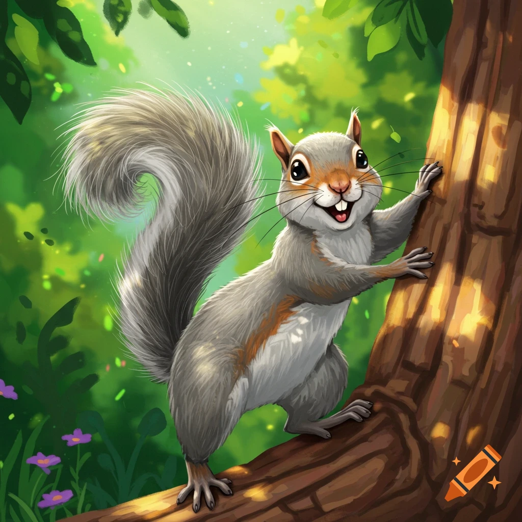 Digital illustration of a cartoon grey squirrel climbing a tree in a forest.