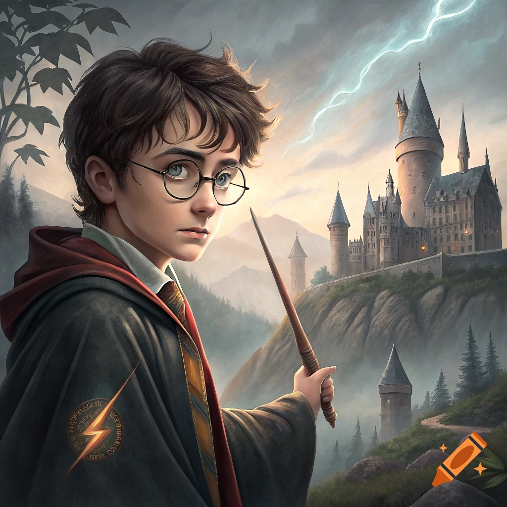 Illustration of young Harry Potter holding a wand with Hogwarts castle in the background under a stormy sky.