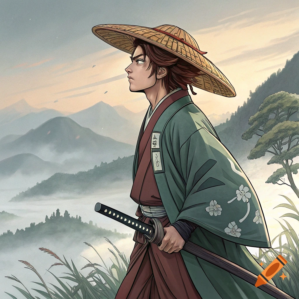 Anime-style character in a straw hat and kimono holding a sword, standing in a mountain landscape.