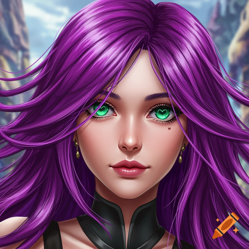 Anime-style portrait of a woman with purple hair and green eyes with heart pupils.